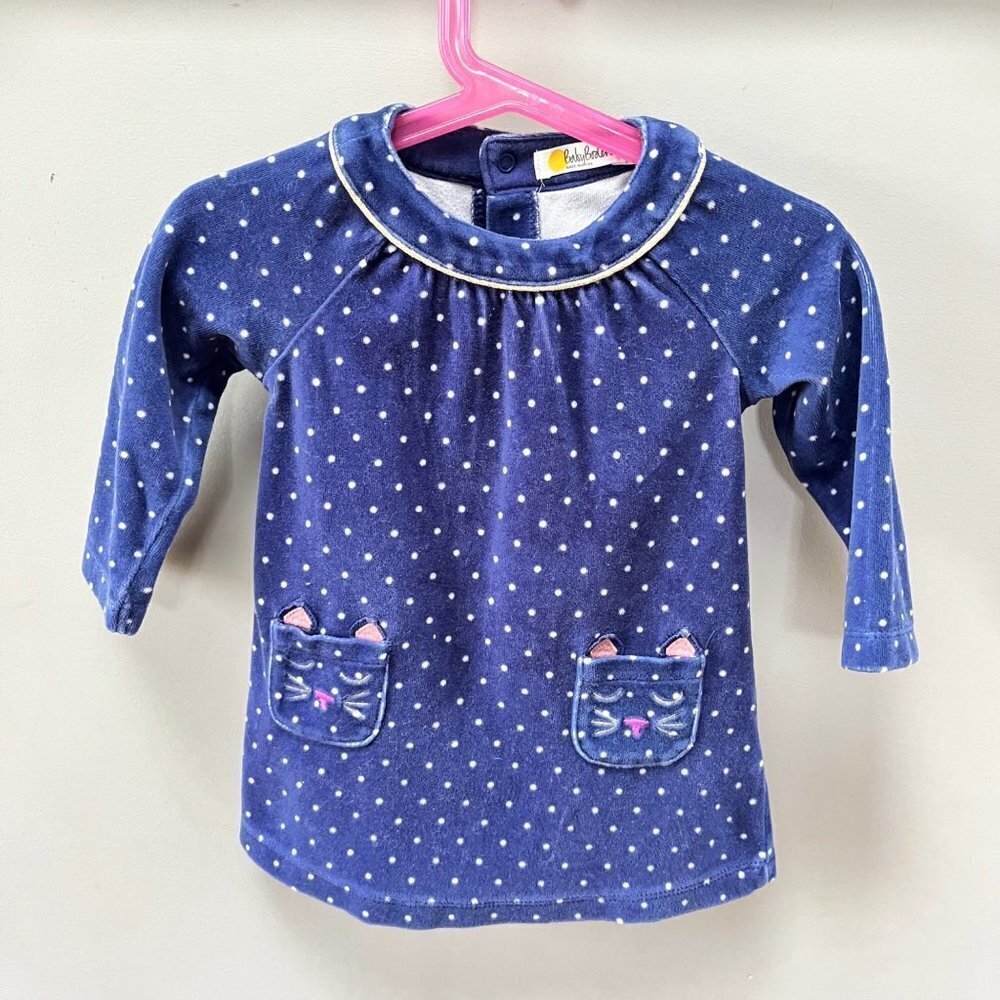 Baby Boden Blue Velour Polka Dot Kitty Cat Dress- Size 6-12 months
